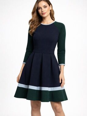 1901 Navy, Forest Green & Light Blue Fit-and-Flare Long Sleeve Dress